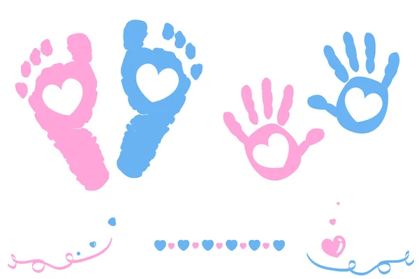 Twin baby girl and boy feet and hand print arrival card — Stock Vector