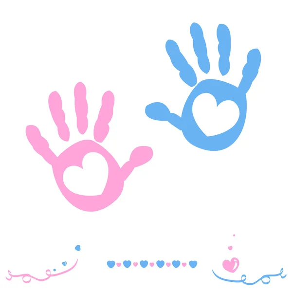 Twin baby girl and boy hand prints arrival greeting card vector — Stock Vector