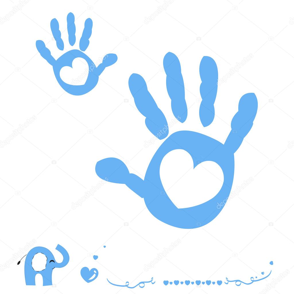 Baby boy hand prints arrival card with heart and elephant