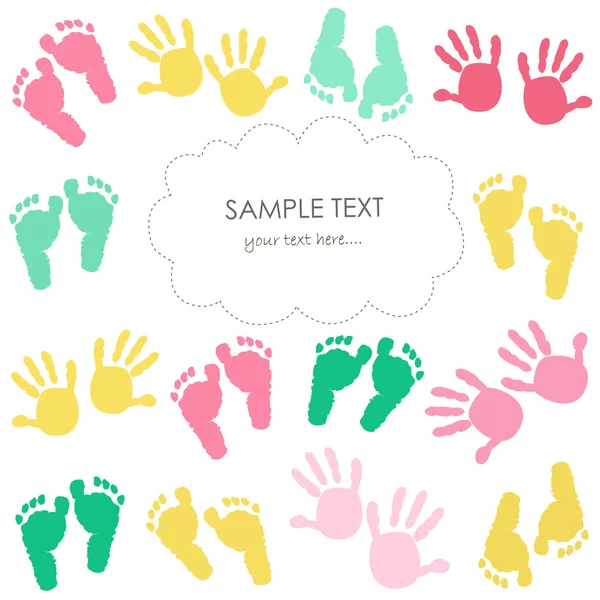 Colorful baby footprint and hands kids greeting card — Stock Vector