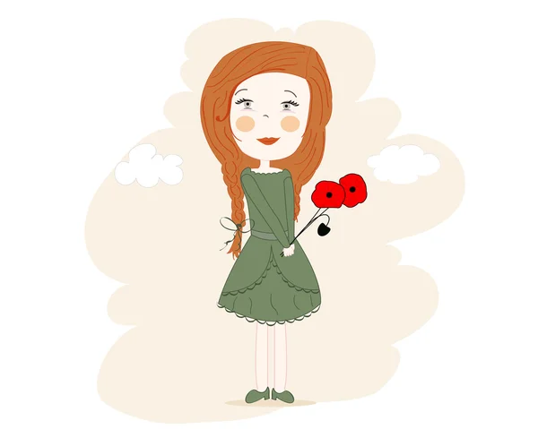 Niña de ensueño con amapola de maíz en su vector de mano — Vector de stock