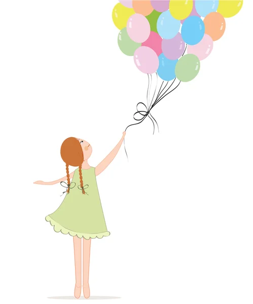 Liten flicka håller färgglada ballonger vektor — Stock vektor