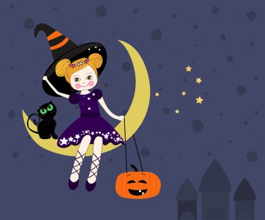 Sevimli cadı ayda gece, Cadılar Bayramı kartı vektör oturan