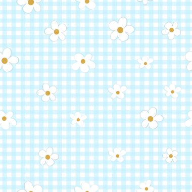 Mavi ekose desenli, dikişsiz kumaş desenli papatyalar. Vektör illüstrasyonu