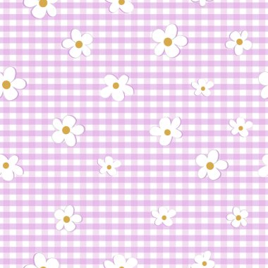 Leylak desenli, dikişsiz kumaş desenli papatyalar. Vektör illüstrasyonu