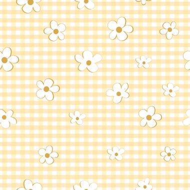 Sarı ekose desenli, dikişsiz kumaş desenli papatyalar. Vektör illüstrasyonu