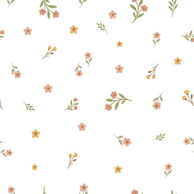 Bahar zamanı sevimli, küçük çiçekler, beyaz arka plan, pürüzsüz kumaş dizaynı. Vektör illüstrasyonu