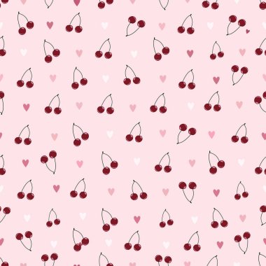 Bebek pembe arka plan kalpleri ve kirazlar pürüzsüz desen. Vektör illüstrasyonu