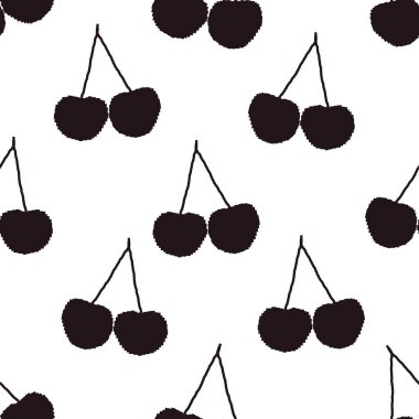 Şirin siyah pikselli kirazlar dikişsiz kumaş deseni. Vektör illüstrasyonu