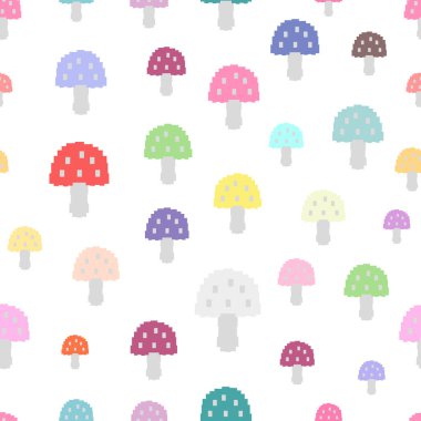 Sevimli renkli pikselli mantarlar dikişsiz kumaş tasarım deseni. Vektör illüstrasyonu