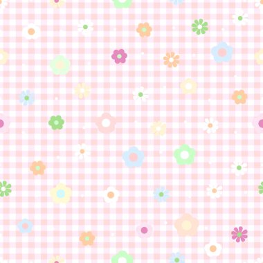Pastel çiçeklerle ekose desenli. Kusursuz kumaş dizaynı. Vektör illüstrasyonu