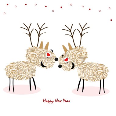 Reindeers parmak ile mutlu yeni yıl tebrik kartı vektör yazdırır