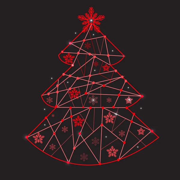 Feliz año nuevo tarjeta de felicitación árbol rojo con copos de nieve vector — Vector de stock