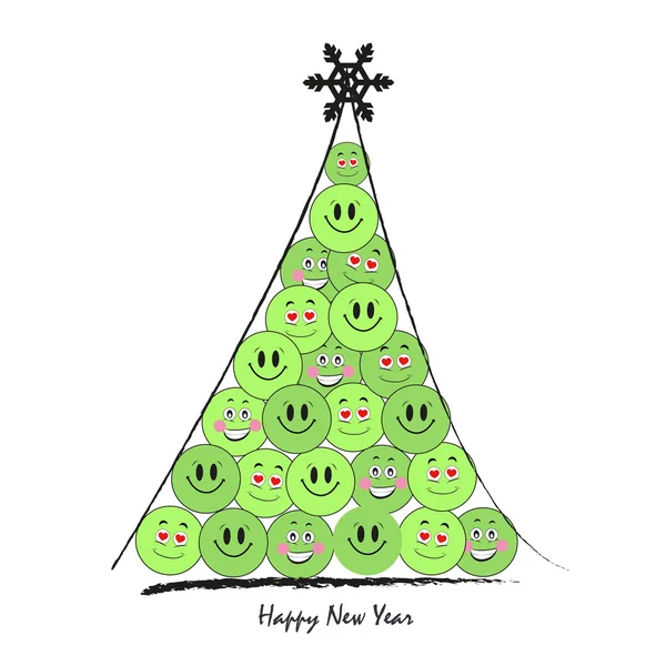 面白いグリーン スマイリー ベクトル グリーティング カードで新年あけましておめでとうございますツリー — ストックベクタ