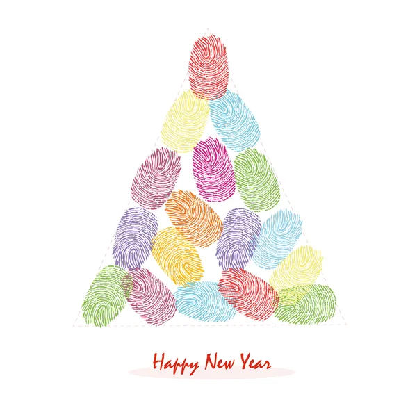 Happy new years pine tree with colorful finger prints vector greeting card — Stock Vector
