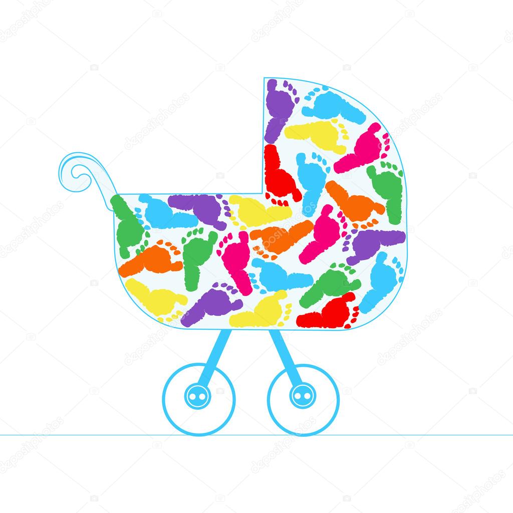 Baby stroller vector background with colorful baby foot