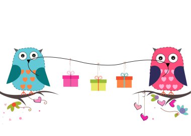 Hediye kutusu vektör arka plan ile sevimli baykuşlar