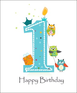 Happy first birthday with owls baby boy greeting card vector clipart