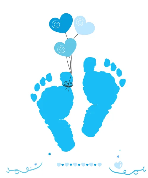 Baby boy foot prints with hearts balloon vector greeting card — Stock Vector