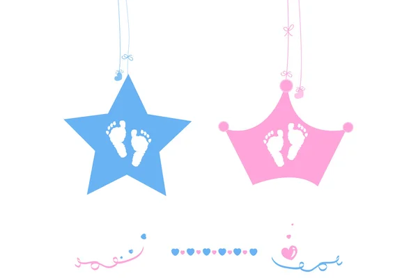 Twin baby boy and girl star with crown baby foot print vector — Stock Vector