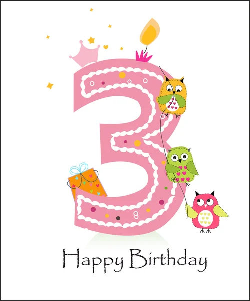 Happy third birthday with owls baby girl greeting card vector — Stock Vector