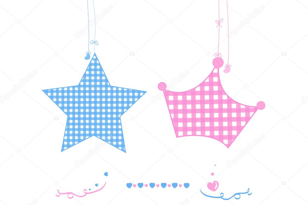 Twin baby boy and girl star with crown baby arrival greeting card vector