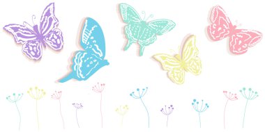 Renkli kelebek ve çiçek soyut dekoratif bahar zaman tebrik kartı