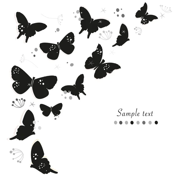 Black butterflies design and abstract decorative flowers greeting card vector background — Stock Vector