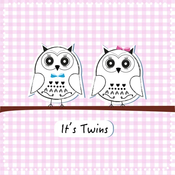 Newborn twin baby owl, baby shower greeting card vector background — Stock Vector
