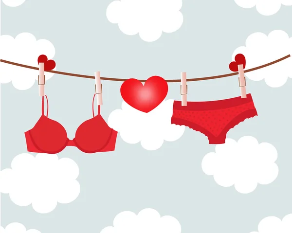 Hanging red lingerie with hearts and clouds background — Stock Vector