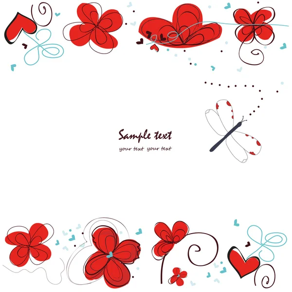 Abstract red floral doodle greeting card vector — Stock Vector