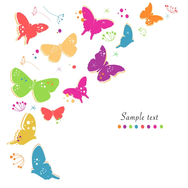 Projeto de borboleta de mola colorida e flores decorativas abstratas cartão vetor fundo — Vetor de Stock