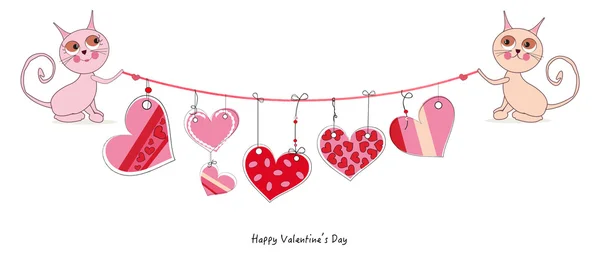 Šťastný Valentýna s roztomilé kočky visely čmáranice srdeční vektor pozadí — Stockový vektor