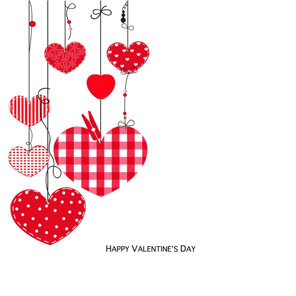Glückliche Valentinstag-Karte mit hängenden Liebesherzen — Stockvektor