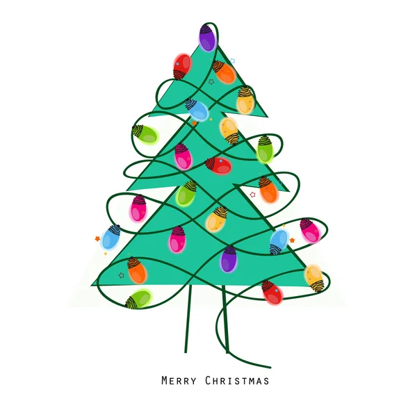 Colorida bombilla de Navidad árbol verde año nuevo tarjeta de felicitación vector — Vector de stock
