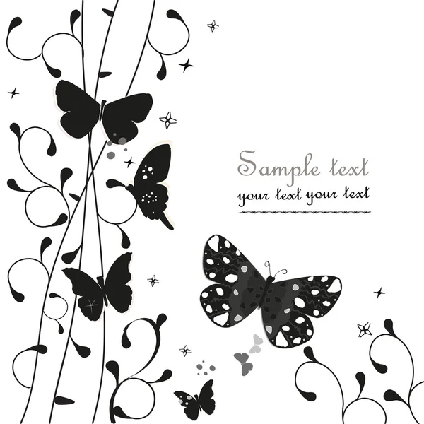 Black simple floral ornamental greeting card with butterfly vector background — Stock Vector