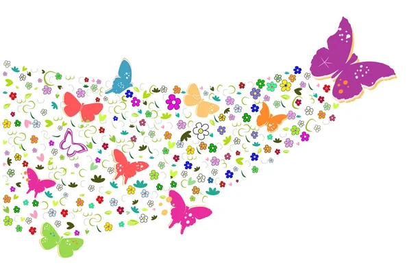 Coloridas flores de primavera con mariposas vector de fondo — Vector de stock