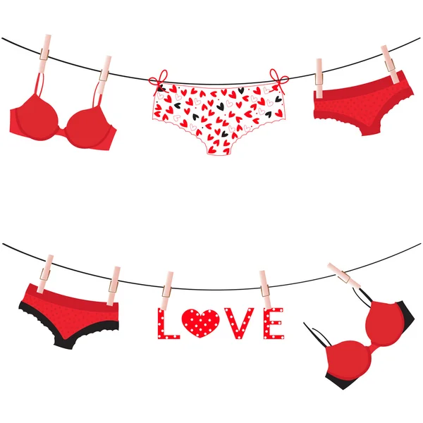 Opknoping lingerie, slipjes ondergoed love valentine dag kaart vector — Stockvector