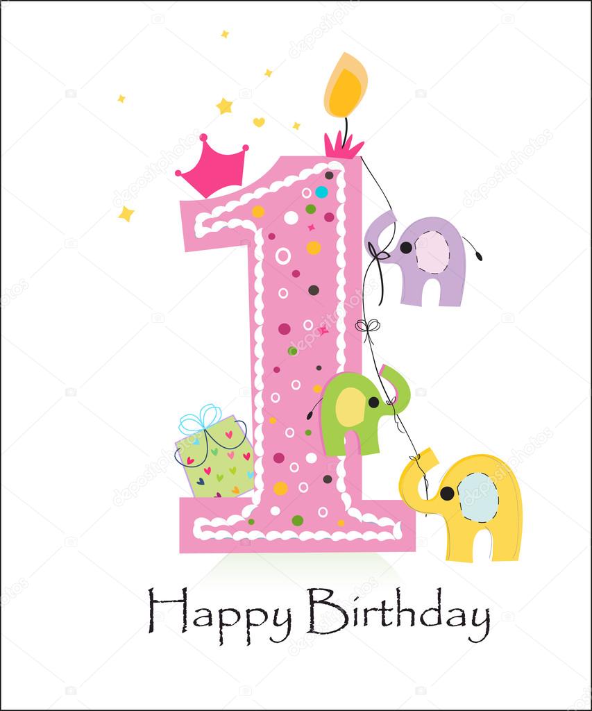 Happy First Birthday With Elephants Baby Greeting Card Vector