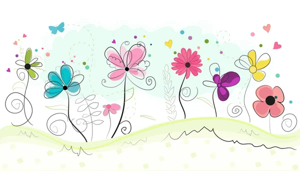 Spring time abstract colorful doodle flowers vector background — Stock Vector