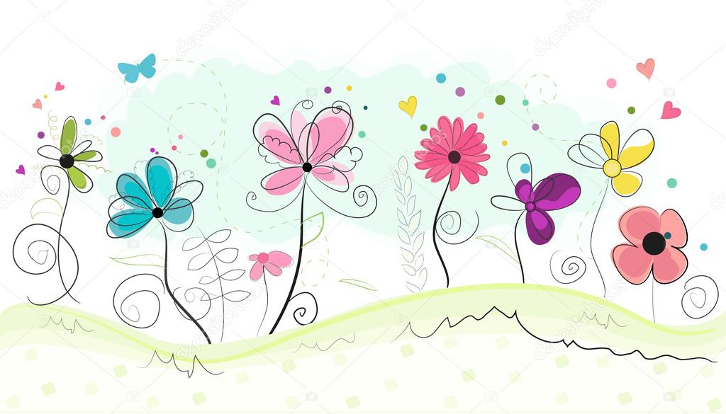 Spring time abstract colorful doodle flowers vector background