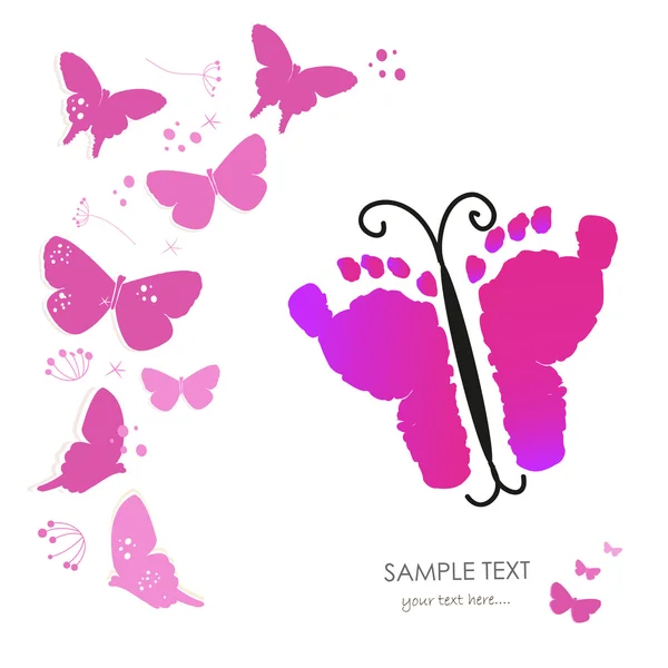 Baby voet afdrukken en vlinder vector wenskaart — Stockvector