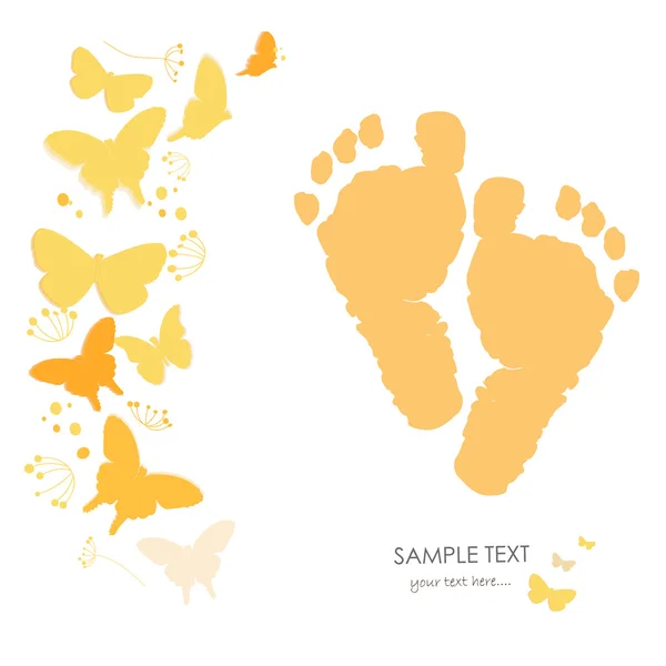 Bebé pie impresiones con mariposa bebé recién nacido tarjeta de felicitación vector — Vector de stock