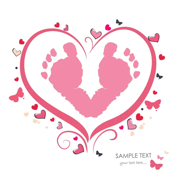 Baby girl foot prints with heart baby shower greeting card — Stock Vector