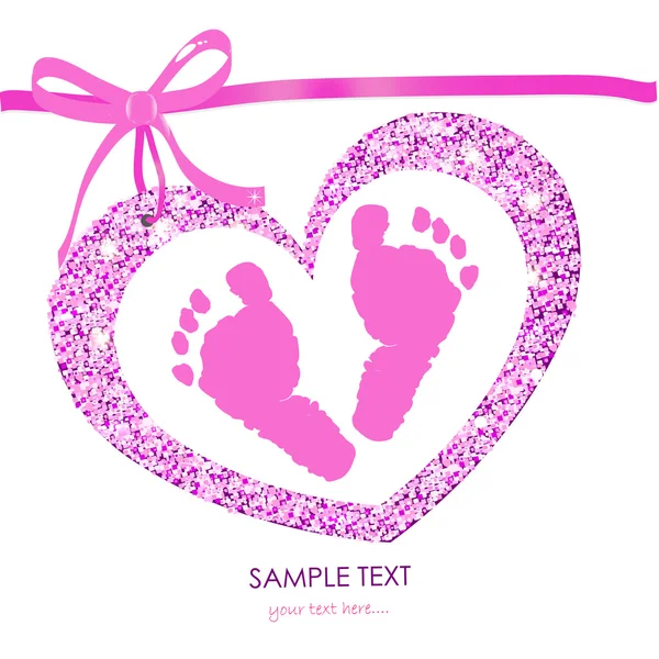 Baby girl foot prints with heart frame vector greeting card — Stock Vector