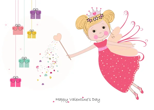 Cute fairy tale with hanging gift box and happy valentine's day greeting card — Stock Vector