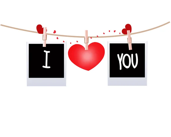 Te amo, colgando en blanco foto y corazones con corazones pinzas de ropa vector — Vector de stock