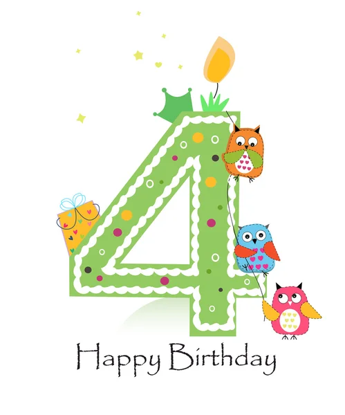 Happy fourth birthday with owls baby boy greeting card vector — Stock Vector