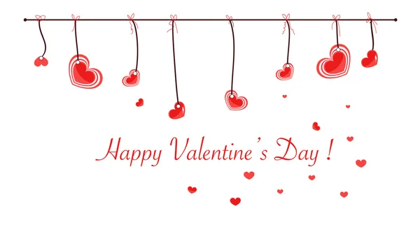 Valentinstag Karte mit hängenden süßen roten Herzen Vektor-Grußkarte — Stockvektor