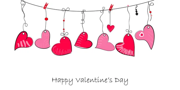 Happy Valentine Tageskarte mit Doodle hängenden Herzen Vektor — Stockvektor
